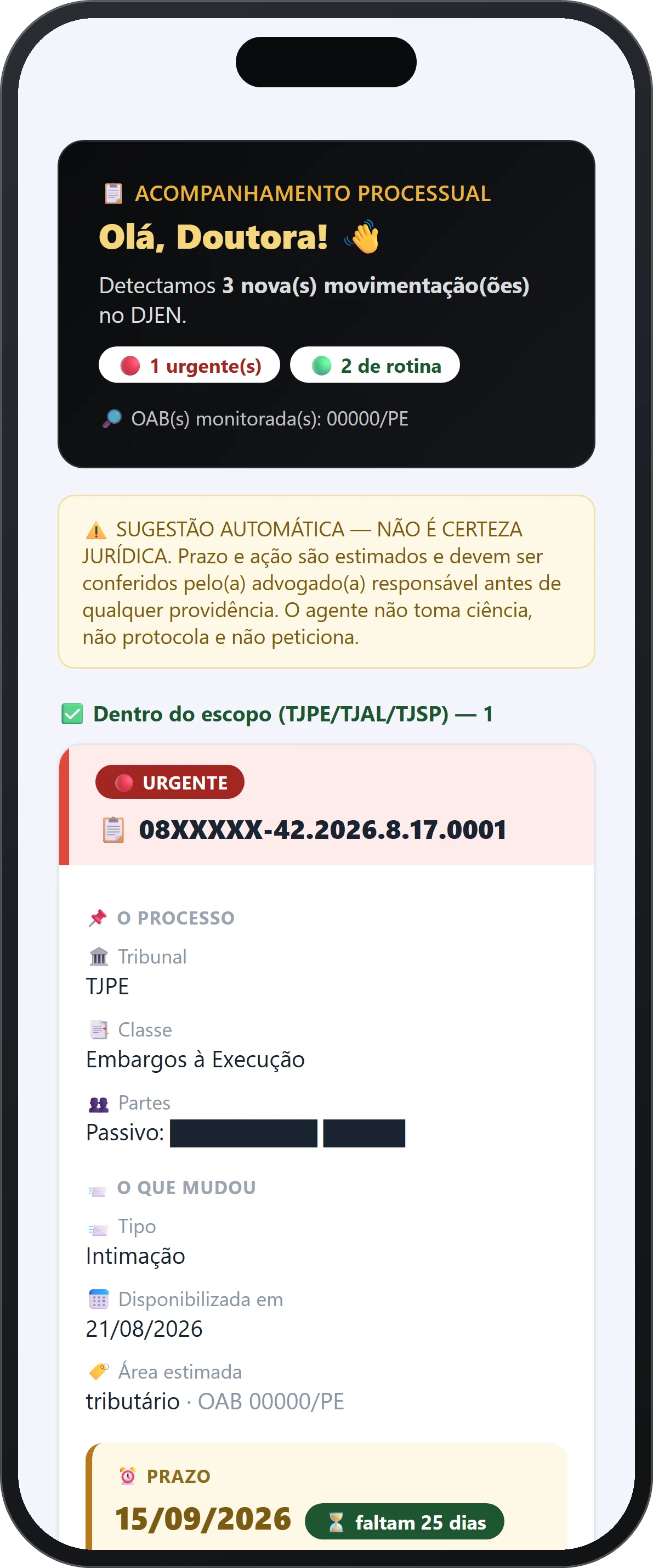 Aviso real enviado pelo Agente Jurídico, aberto no celular: tribunal, classe, processo, prazo estimado e a data-limite — dados do cliente tarjados