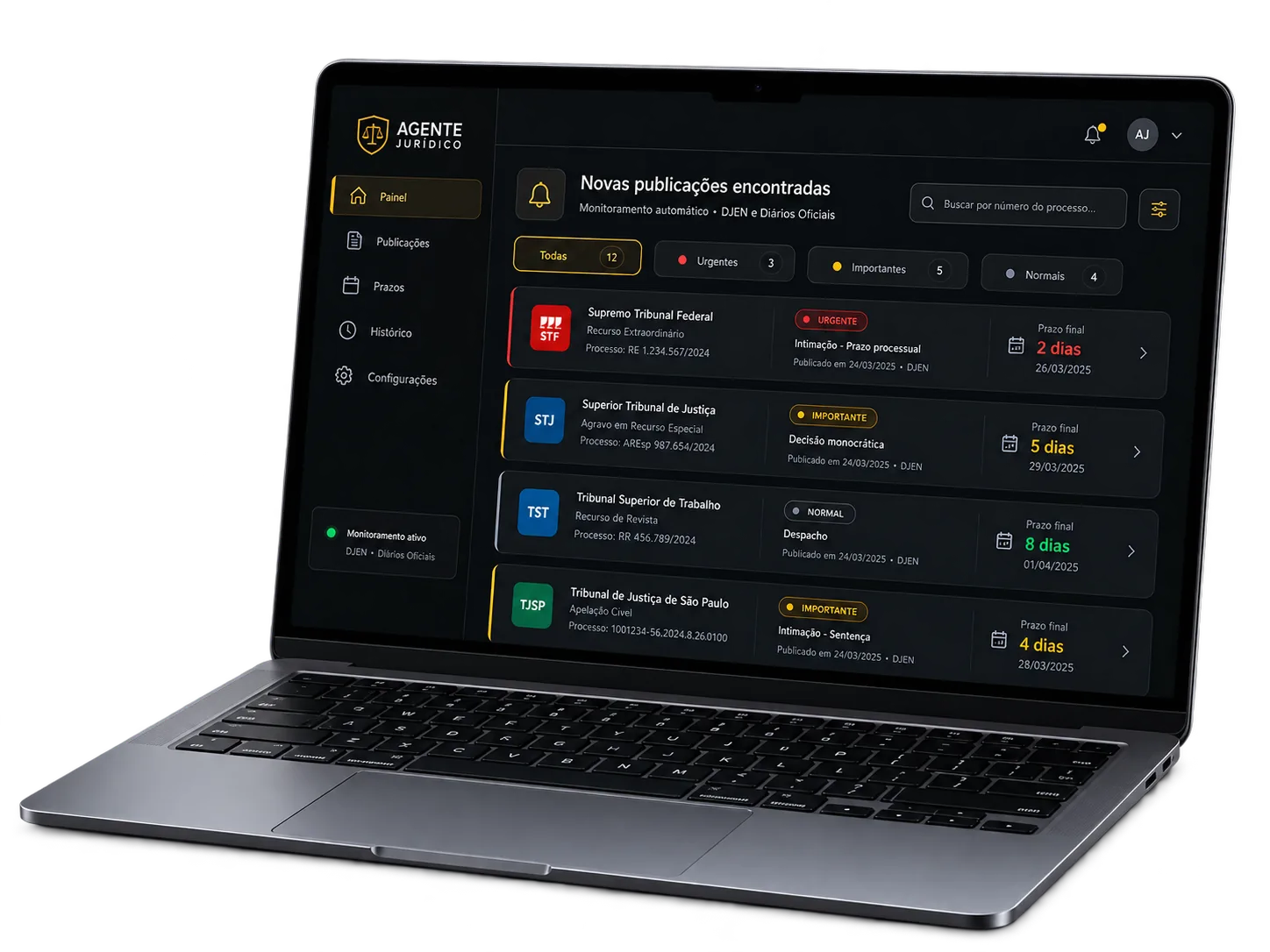 Painel do Agente Jurídico aberto em um notebook, com as publicações encontradas e o prazo de cada uma